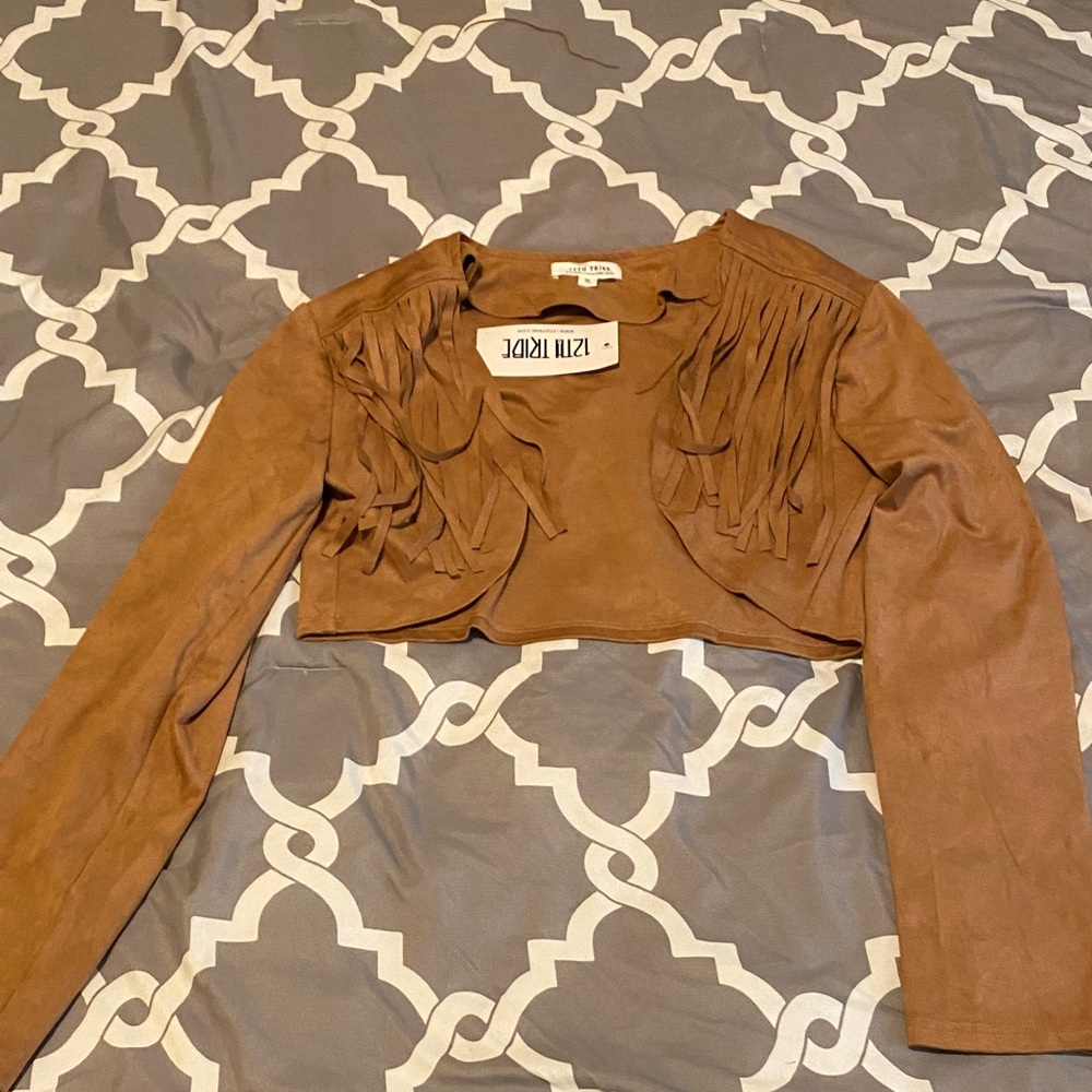 Tan Fringe Jacket Black Crop Top, Fringe Skirt - Picture 5 of 8